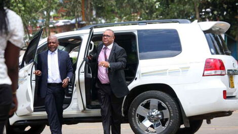 Matatu owners Association Chairman Simon Kimutai (right) and National Co-ordinator Albert Karagacha arriving at Railways club in Nairobi on April 13,2016.