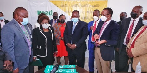 Interior and coordination of National Government CS Dr Fred Matiangi accompanied by CAS Hussein Dado, PS Karanja Kibicho, IG Hilary Mutyambai and the DG Financial Reporting Centre (FRC) Saitoti Maika in a meeting with NTSA top officials where they rolled out a new set of plates on Friday, January 28, 2022.