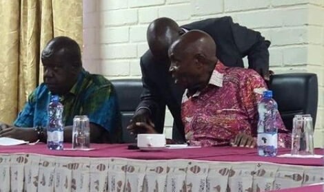 Education Cabinet Secretary Ezekiel Machogu (right) in a meeting with former Interior CS Fred Matiang'i at a Nairobi hotel on Sunday, March 12, 2023.
