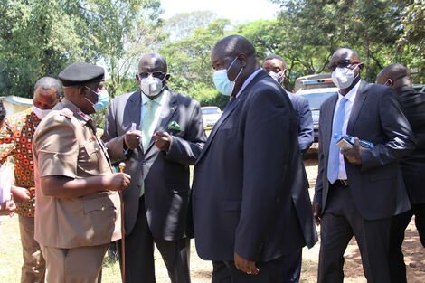 Education CS Prof. George Magoha, PS for VTT Julius Juan and Homabay County Commissoner during a visit at Ogande Secondary in Homabay County on January, 28 2021