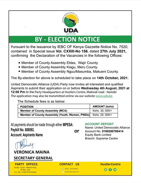 Notice issued on Thursday, July 29, by UDA Secretary-General Veronica Maina