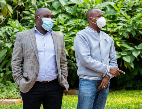Kitui Senator Enoch Wambua and Makueni Senator Mutula Kilonzo Jnr ​at Hermosa Gardens in Karen on Tuesday, July 20, 2021