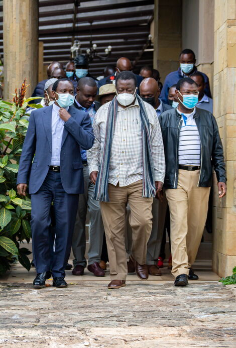 Wiper Party Leader Kalonzo Musyoka (left), ANC Party Leader Musalia Mudavadi (middle), and FORD-Kenya Party Leader Moses Wetangula (right) during One Kenya Alliance meeting held at Hermosa Gardens in Karen on Tuesday, July 20, 2021.