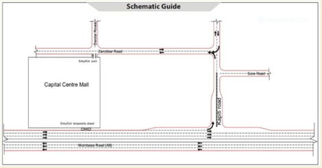 Photo of schematic guide describing the routes along Mombasa Road taken on June 26, 2021.