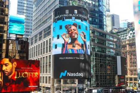 Photo of Polly Irungu when she was featured in the Nasdaq billboard in New York's Times Square