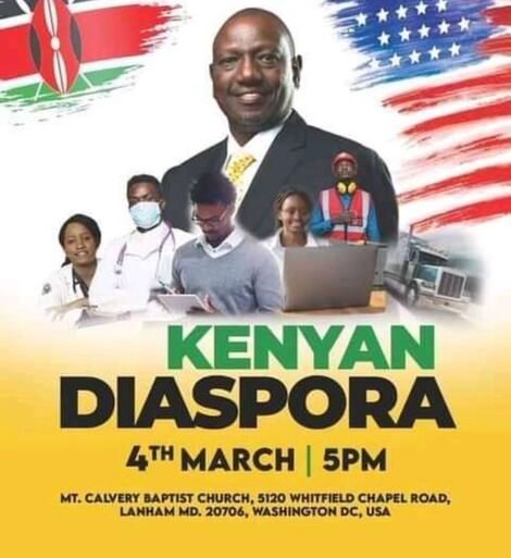 The poster was shared on DP William Ruto's meeting with the Kenyan diaspora in 5120 Whitfield Chapel Rd, Lanham, MD 20706, in Prince George's County of Maryland state on March 4, 2022.