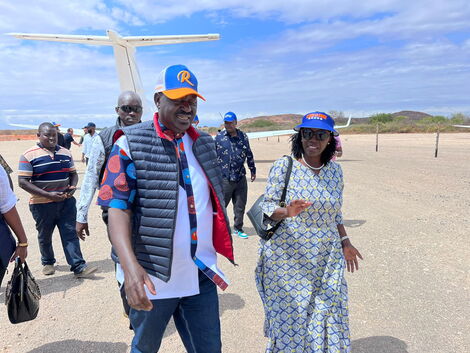 Raila Odinga and his running mate, Martha Karua arrive in Taita Taveta on Tuesday, July 12, 2022