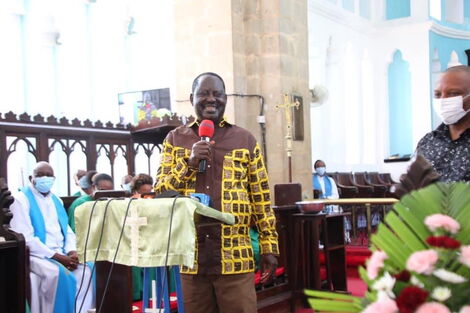 ODM leader Raila Odinga speaking at the A.C.K Mombasa Memorial Cathedral in Mvita constituency, on Sunday August 8.