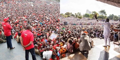 A collage image of President Uhuru Kenyatta and Deputy President William Ruto addressing a rally in Afraha Stadium in 2017 (Left) and former Prime Minister addressing a rally at Uhuru Park (Right).