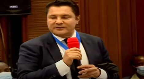Tanzanian Tycoon Rostam Azizi speaking at Serena hotel in Nairobi on May 5, 2021.