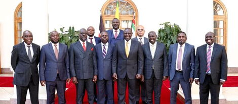 President William Ruto (centre) and his deputy Rigathi Gachagua (third from right) pose with nine ODM Mps at State House, Nairobi on Tuesday, February 7, 2023.