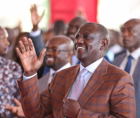 President William Ruto lifts his hands during an interdenominational Church service at the Nakuru Athletic Club Grounds, Nakuru County, on Sunday, February 12, 2023.