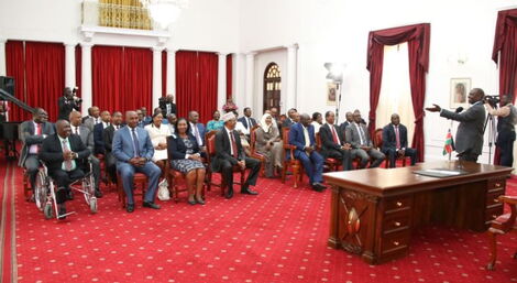 President William Ruto (on the microphone) hosts Jubilee MPs at State House, Nairobi on Wednesday, February 8, 2023.