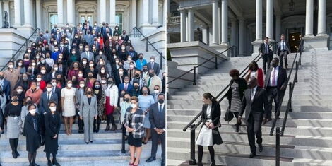 A collage image of Vice President Kamala Harris with White House staff at the Eisenhower Executive Office Building (Left) and Deputy President and his entourage leaving the Executive Office building (Right). 
