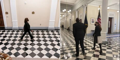 A collage image of Vice President Kamala Harris walking at the Eisenhower Executive Office Building (EEOB) of the White House (Left) and Deputy President being taken round the EEOB (Right). 