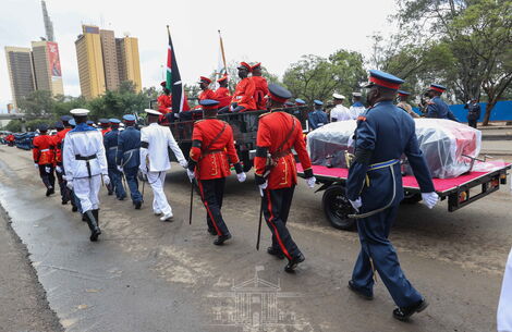 The solemn procession of former President Emilio Mwai Kibaki's funeral cortege marches through several Nairobi roads on its way to Nyayo National Stadium for today's State Funeral Service on Friday, April 29, 2022.