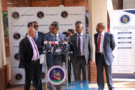 Ethics and Anti-Corruption Commission (EACC) CEO Twalib Mbarak, Director of Public Prosecutions (DPP) Noordin Haji and Directorate of Criminal Investigations (DCI) chief George Kinoti addressing a press conference in Nairobi on Thursday, March 5