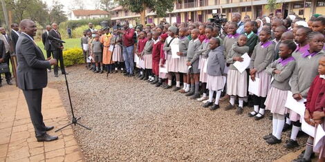 President William Ruto addresses KCPE candidates at Joseph Kang'ethe Primary School in Kibra Constituency on November 29, 2022. 