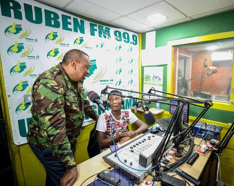 President Uhuru Kenyatta at Ruben FM with presenter Shaffie Zele on July 6