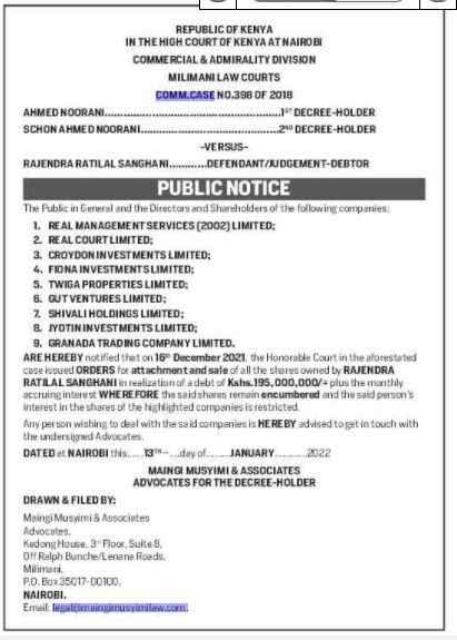 A notice announcing Rajendra Ratilal Sanghani shares sale in local dailies