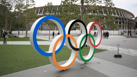 World Olympics logo outside a stadium in Japan