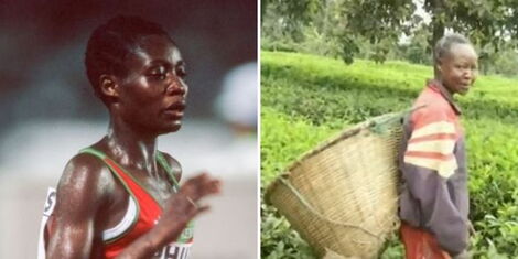 A side-by-side image of former Kenyan athlete Delilah Asiago during the 1991 IAAF World Championships (left) and picking tea in Cherangany, Trans Nzoia County.