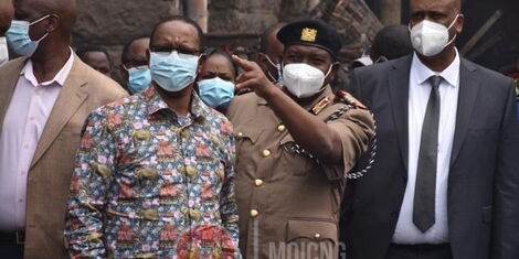 NMS boss Mohammed Badi and Interior PS Karanja Kibicho (R) at Gikomba market on Friday, August 6.