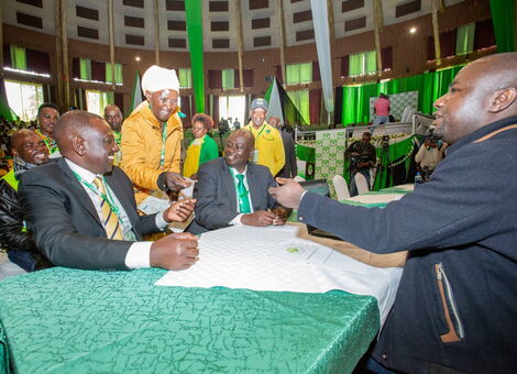Deputy President William Ruto (left) and his running mate Rigathi Gachagua at the Bomas of Kenya on Saturday, June 4, 2022