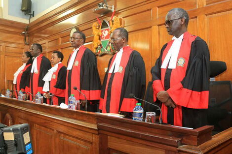 A photo of Supreme Court judges from left: Njoki Ndung'u, Smokin Wanjala, Philomena Mwilu, David Maraga, Jackton Ojwang' and Isaac Lenaola. Photo published on March 21, 2019. 