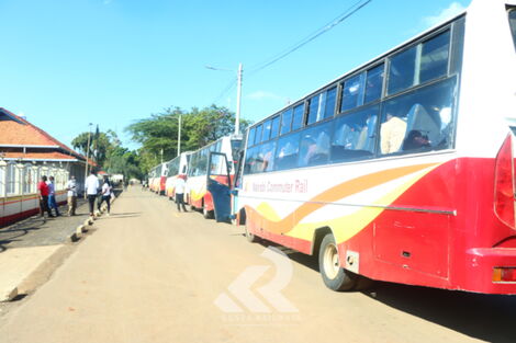 Some of the commuter buses used by Kenya Railways to transport Kenyans to Nanyuki on December 24, 2021.