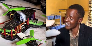 A collage of a drone made by Osborne Wainaina (left) and Osborne Wainaina (right) during an interview with Inooro Tv