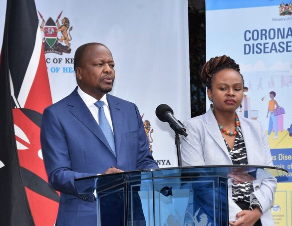 Health Cabinet Secretary Mutahi Kagwe (Left) and his Chief Administrative Secretary Mercy Mwangangi during a press briefing in March 2020.