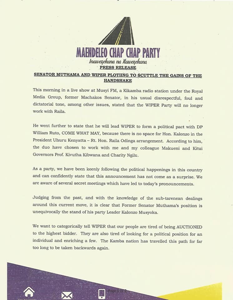 A statement issued by Machakos Governor Alfred Mutua on Wednesday, December 11, 2019.