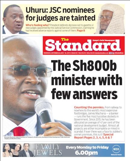 A copy of The Standard newspaper on Wednesday, October 23