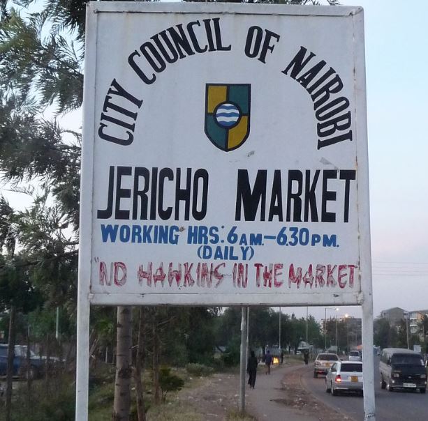 A signpost showing Jericho Market, Nairobi, the neighborhood where the gang was terrorising residents in on the night of Sunday, October 20, 2019,