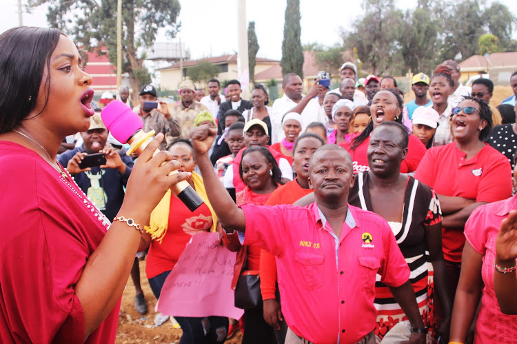 Laikipia Woman Rep Catherine Waruguru addressing her supporters at Thingithu grounds after she was chased away from an AIPCA church in Nanyuki on Sunday, September 15.