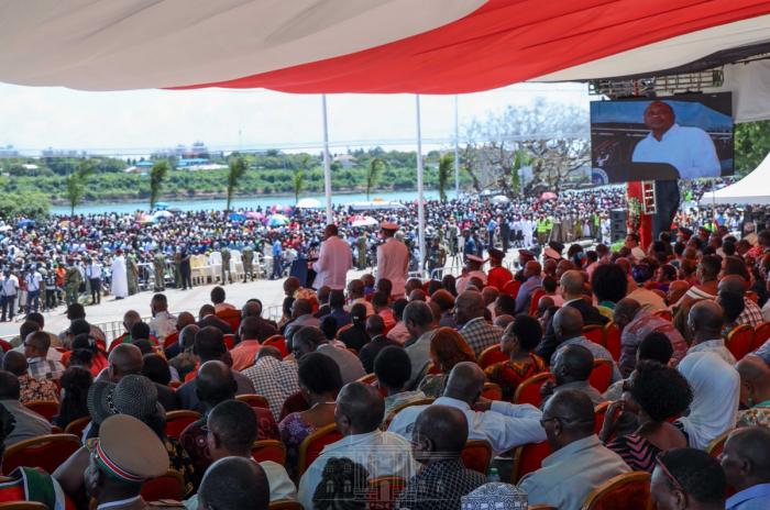 President Uhuru Kenyatta gives an address during the 55th Mashujaa Day celebrations at Mama Ngina Waterfront Park in Mombasa on Sunday, October 20, 2019.