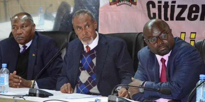 BBI committee chairperson Yusuf haji (centre) and other member of the committee addressing the media on November 22