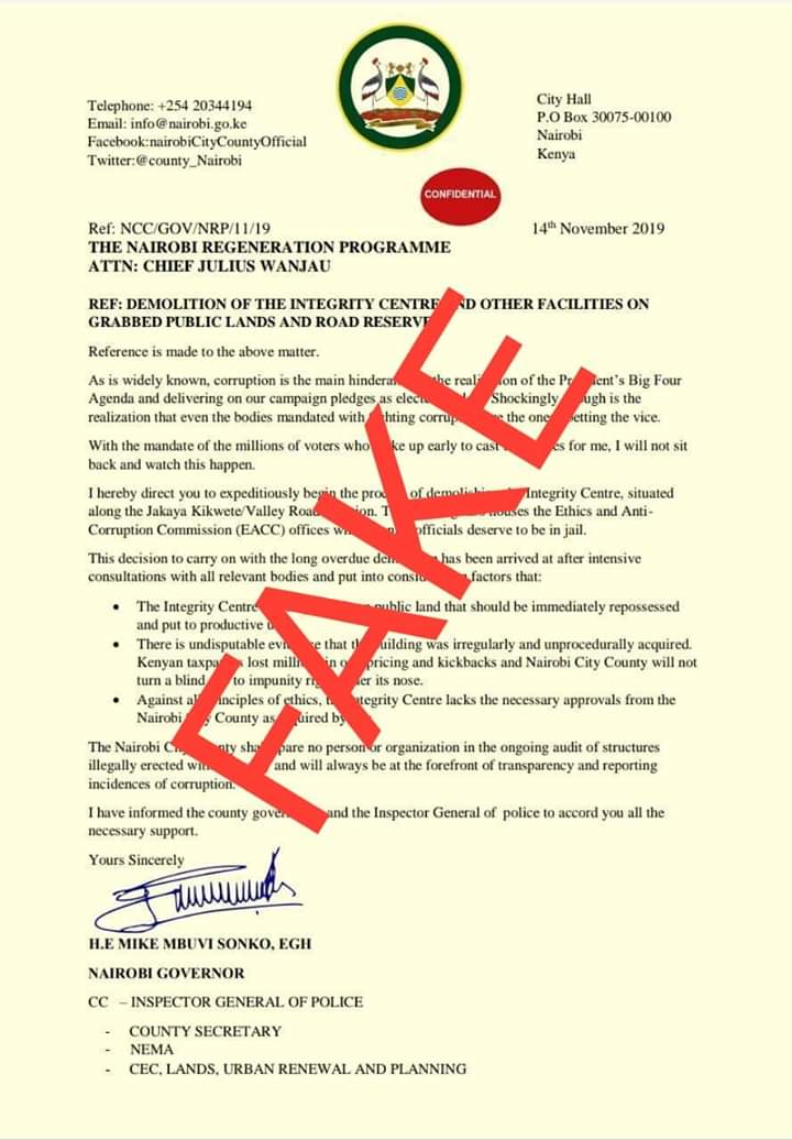 The fake letter which was posted by Nairobi Governor Mike Sonko claiming that Integrity Center was situated on grabbed land.