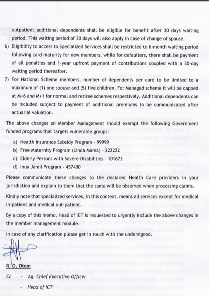 A statement revealing the NHIF changes.