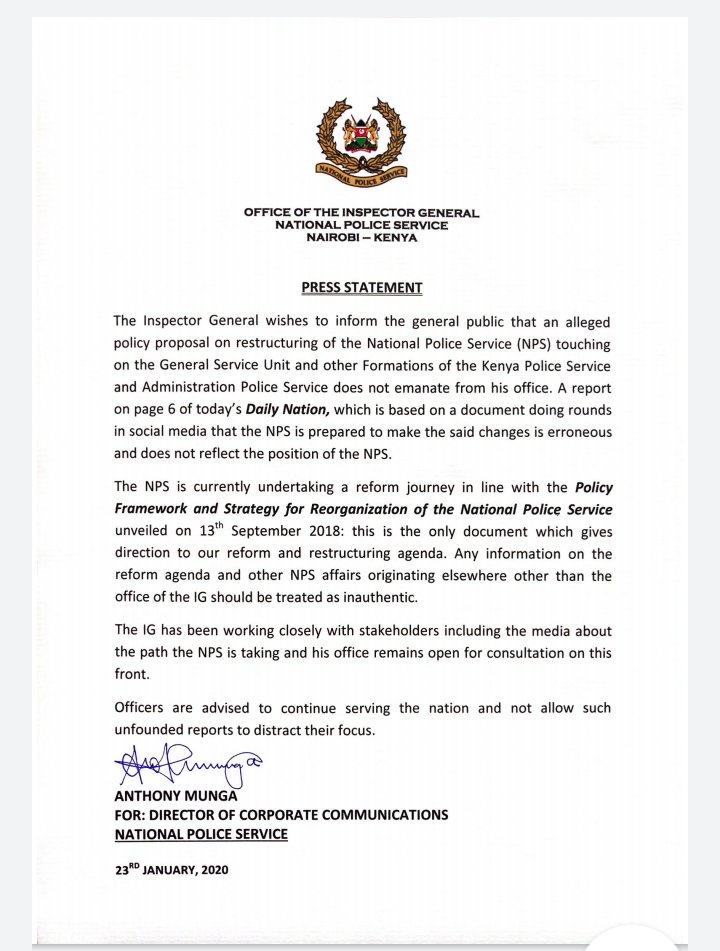 A statement from the office of the IG Hillary Mutyambai denouncing 