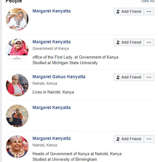 Image result for images of margaret kenyatta's fake facebook accounts