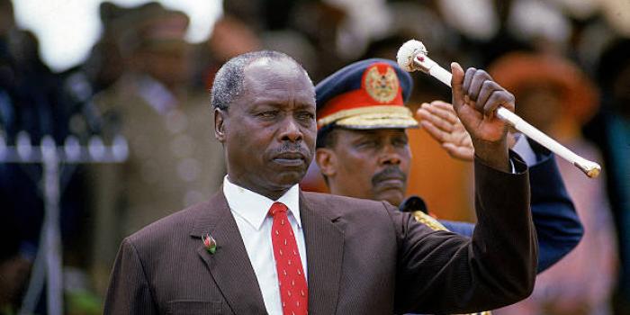 Daniel Arap Moi, poised with his famous baton, during his 4th term inaugural ceremony