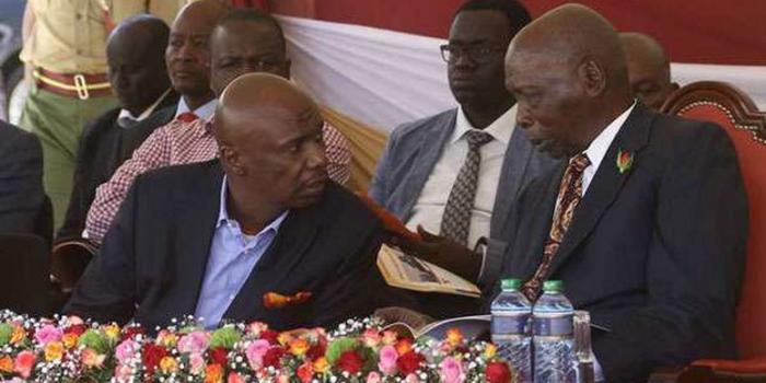 Baringo Senator Gideon Moi (left) and the second president of the Republic of Kenya Daniel Torotich Arap Moi.