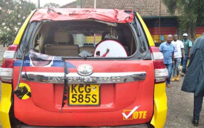 Mariga's campaign car which was attacked by rowdy youth. Photo: Courtesy.