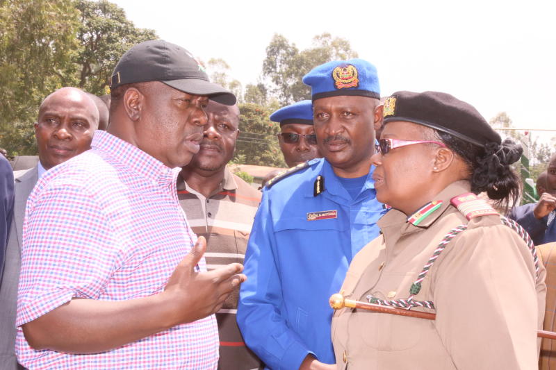 From left- Interior CS Fred Matiang'i, Mumias East MP Benjamin Washiali, Inspector General of Police Hillary Mutyambai and Western Regional Commissioner Anne Ngetich speaking on May 16, 2019.