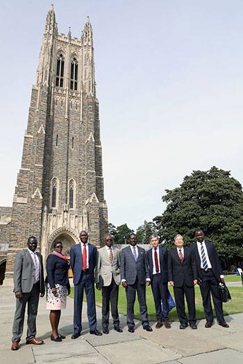 Kenyan political leader Raila Odinga led a team of Kenyans on a visit to Duke University in 2018. They stand with Professor Giovanni Zanalda and visiting scholar Hiroyuki Hino.