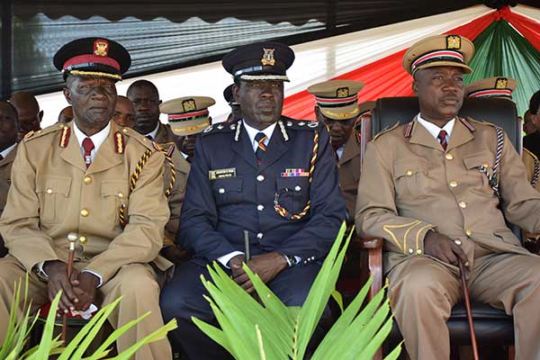 Left to right: Mombasa County AP boss Nelson Masengeli, Police Commander Johnston Ipara and County Commissioner Evans Achoki during Mashujaa Day celebrations on October 20, 2018. 