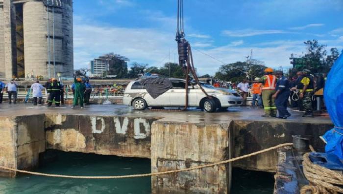 he car that Mariam Kigenda and Amanda Mutheu were travelling in after being pulled out of the Indian Ocean on September 11, thirteen days after it slid off a ferry ramp on the Likoni Channel. Photo: Citizen Digital.
