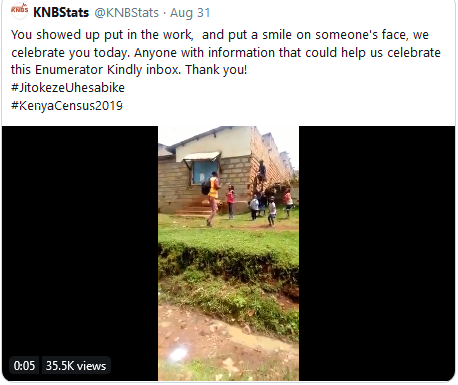 This is the tweet by KNBS that  launched the search for Collins, who became famous for his dancing and singing exploits during the census exercise.